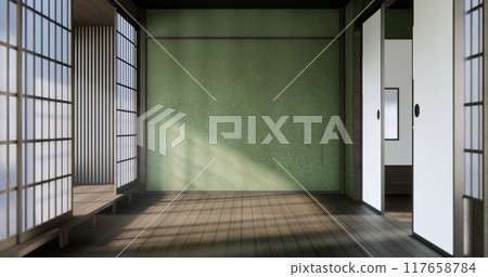 Wabisabi style living interior Green japanese room. Wabisabi style living interior Green japanese room. 117658784