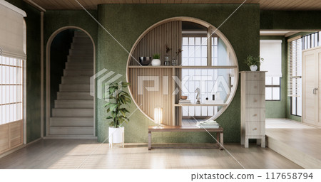 Wabisabi style living interior Green japanese room. 117658794