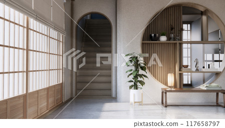 Modern japan room wooden floor on wall design. Modern japan room wooden floor on wall design. 117658797