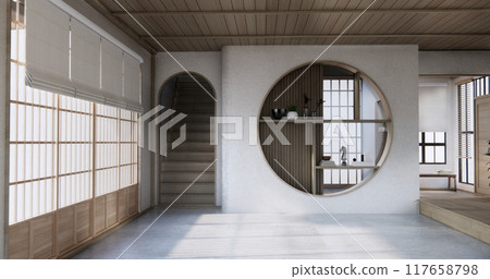Modern japan room wooden floor on wall design. Modern japan room wooden floor on wall design. 117658798