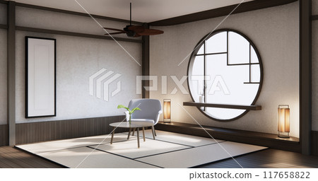 Modern japan room wooden floor and shelf wood on wall design. 117658822