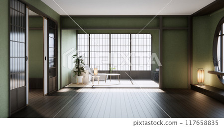 Wabisabi style living interior Green japanese room. 117658835