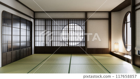 Modern japan room wooden floor and shelf wood on wall design. 117658857