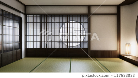 Modern japan room wooden floor and shelf wood on wall design. 117658858