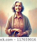 Elderly woman with a walking stick 117659016