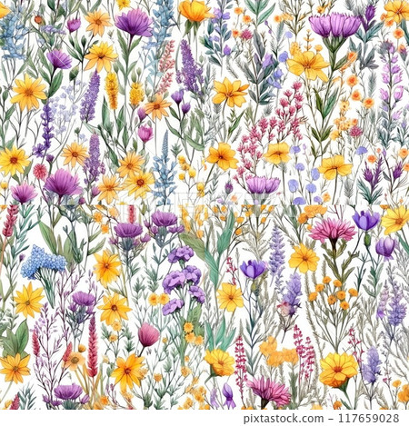 Seamless pattern with watercolor wildflowers. Hand drawn illustration. 117659028
