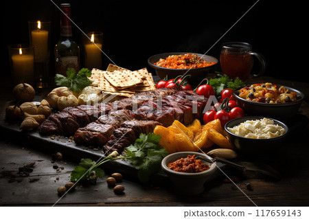 Grilled meat bright juicy illustration for restaurants Grilled meat bright juicy illustration for restaurants 117659143