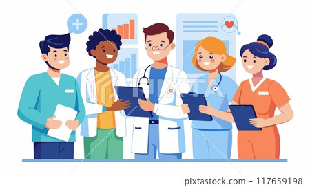 A team of medical professionals in uniform analyze a patient's chart, working together to create a strategic treatment plan and ensure positive outcomes. A team of medical professionals in uniform analyze a patient's chart, working together to create a strategic treatment plan and ensure positive outcomes. 117659198