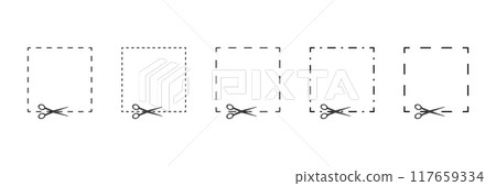 Cut here. Black scissors cutting. Set of cutting square shapes on white background. Simple Vector illustration. Shear cutting paper coupon or discount along the line. Different cut lines 117659334