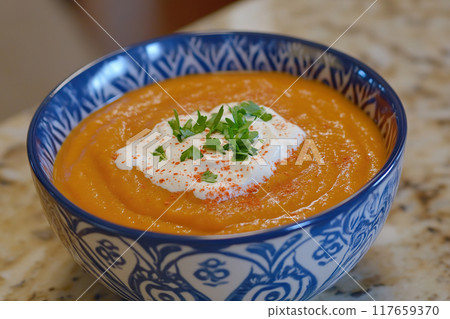 Creamy roasted sweet potato soup garnished with parsley. 117659370