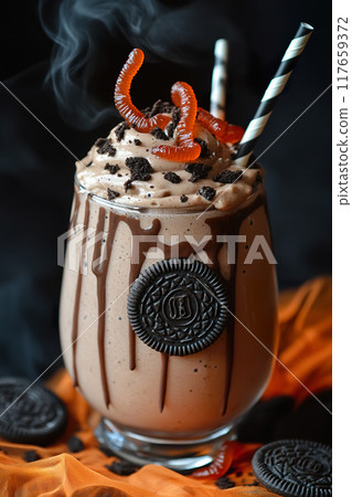 Chocolate dirt milkshake topped with gummy worms and crushed cookies. 117659372