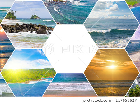 Tropical beaches, palm trees and bright sun. Collage. Tropical beaches, palm trees and bright sun. Collage. 117659627