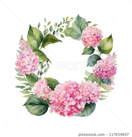 Watercolor Vector of a hydrangea flower with leaves isolated on a white background 117659697
