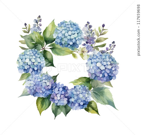 Watercolor Vector of a hydrangea flower with leaves isolated on a white background 117659698