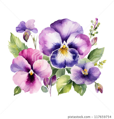 Vector beautiful watercolor bouquet with pink, purple and violet pansy 117659754