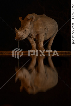 Baby white rhino stands dribbling by waterhole 117659755
