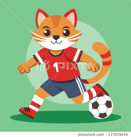 Cartoon tiger soccer player in red uniform running and kicking ball 117659846
