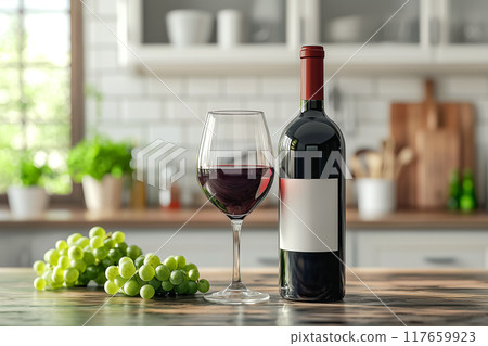 舒適的廚房氛圍、紅酒和柔和的晨光 117659923