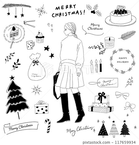穿靴子的女孩的聖誕簡單線條畫插圖 117659934