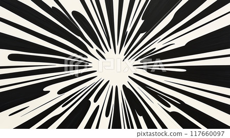 Dramatic, black and white background with radiating lines converging towards a central point, creating a sense of speed, energy, and movement. Comic pop art style. 117660097