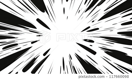 Dynamic, black-and-white radial burst pattern, reminiscent of comic book action scenes. Numerous black lines radiating outward from central point. Comic pop art style. 117660098