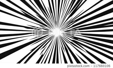 Dramatic, black and white background with radiating lines converging towards a central point, creating a sense of depth and energy. Comic pop art design. Dramatic, black and white background with radiating lines converging towards a central point, creating a sense of depth and energy. Comic pop art design. 117660106