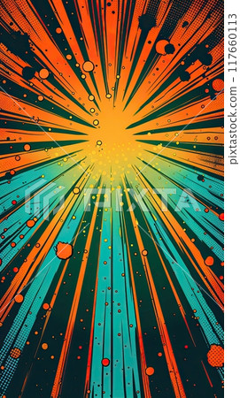 Vibrant, comic book-style background with radiating orange and teal lines converging towards a central explosion, surrounded by dots and splatters. 117660113