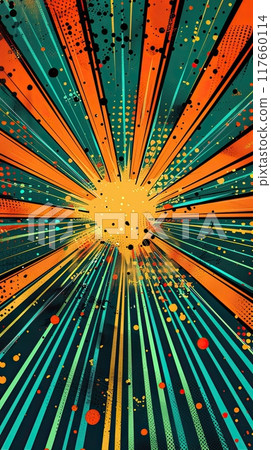 Vibrant, comic book-style background with radiating orange and teal lines converging towards central explosion, surrounded by dots and splatters. Pop art 117660114