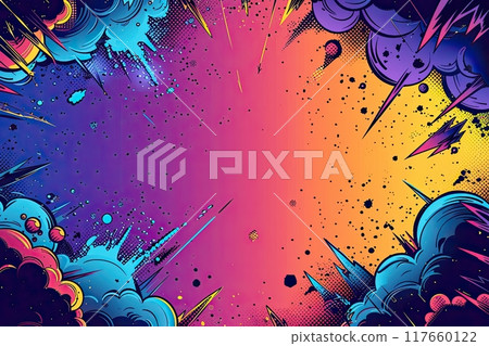 Dynamic comic style background with gradient of purple, orange, and yellow colors, featuring clouds, lightning bolts, splatters, and halftone patterns. Pop art 117660122
