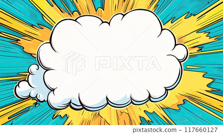 Pop art design with speech bubble against dynamic background of radiating yellow and blue splashes. Comic art style. 117660127