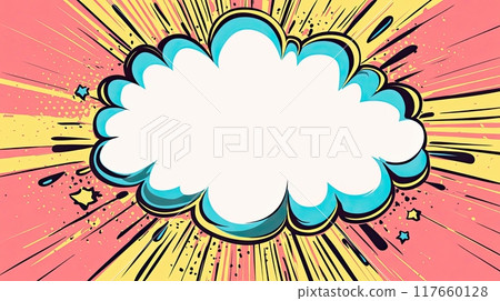 Large, white speech bubble with blue outline, against vibrant background of radiating yellow lines, pink and yellow splashes. Comic cart style, pop art design. 117660128