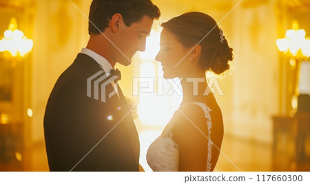 Bride and groom in a beautifully lit ballroom Bride and groom in a beautifully lit ballroom 117660300