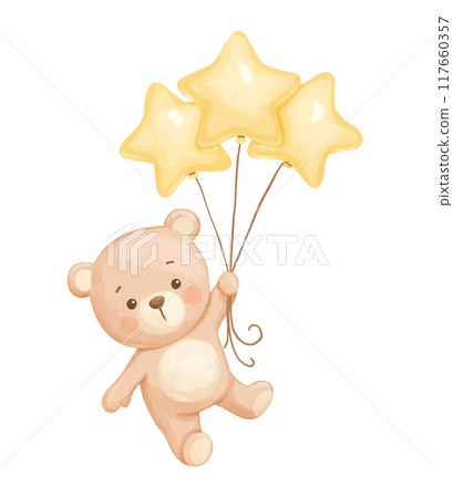 Cute baby bear flying with balloons. Watercolor funny drawing for kids, childish poster 117660357