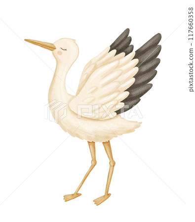 Watercolor stork with wings raised up. Bird as symbol for baby shower, pregnancy. Cute hand drawn isolated illustration 117660358