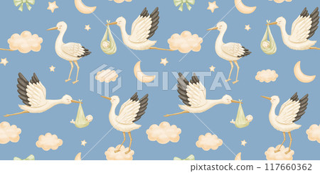 Watercolor seamless pattern with cute stork with new baby in blue sky with clouds. Flying bird. Watercolor seamless pattern with cute stork with new baby in blue sky with clouds. Flying bird. 117660362