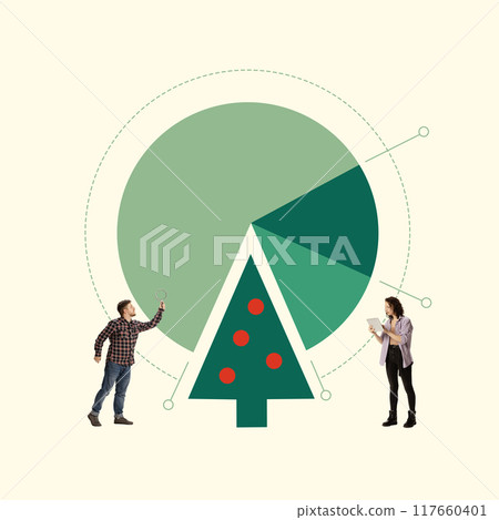 Poster. Contemporary art collage. Colleagues analyze pie chart that transforms into Christmas tree, illustrating fusion of data-driven work with festive joy 117660401