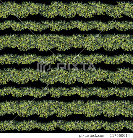 Christmas green fresh fir branches. Modern seamless pattern. Watercolor botanical illustration isolated on black background. Ornament template for fabric textile, wrapping paper, wallpaper, scrapbook Christmas green fresh fir branches. Modern seamless pattern. Watercolor botanical illustration isolated on black background. Ornament template for fabric textile, wrapping paper, wallpaper, scrapbook 117660614