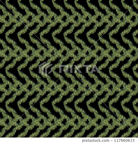 Christmas green fresh fir branches. Modern seamless pattern. Watercolor botanical illustration isolated on black background. Ornament template for fabric textile, wrapping paper, wallpaper, scrapbook 117660615