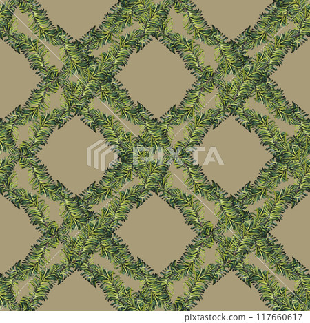 Christmas green fresh fir branches. Modern seamless pattern. Watercolor botanical illustration isolated on brown background. Ornament template for fabric textile, wrapping paper, wallpaper, scrapbook 117660617