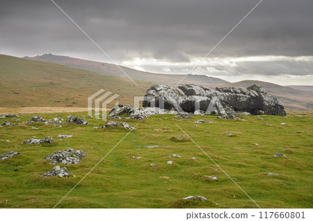 View from Sourton Tors looking up towards Great Links Tor, Dartmoor UK View from Sourton Tors looking up towards Great Links Tor, Dartmoor UK 117660801