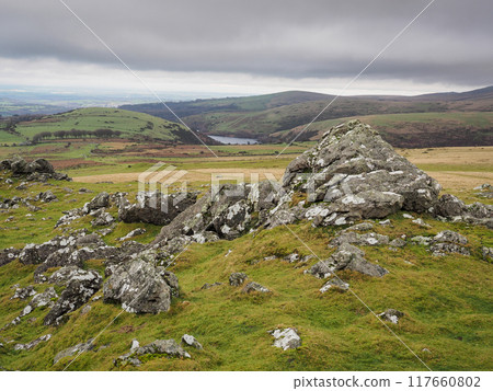 View over Meldon Reservoir and north Devon from Sourton Tors, Dartmoor UK 117660802