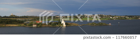 Idyllic landscape near Bergen seen from the ferry, Norway. 117660857