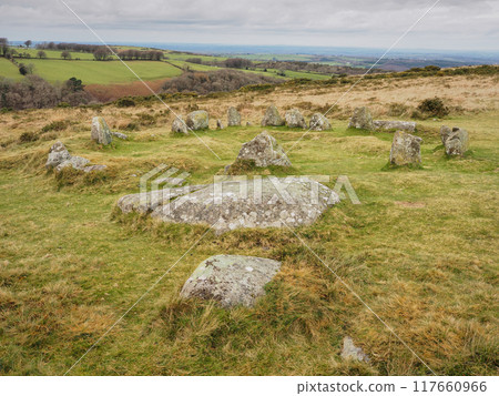 Nine Maidens Bronze Age megalithic cairn circle, Dartmoor UK Nine Maidens Bronze Age megalithic cairn circle, Dartmoor UK 117660966