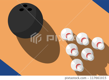 Bowling tournament flyer template, skittles and ball on bowling alley, view from above, vector Bowling tournament flyer template, skittles and ball on bowling alley, view from above, vector 117661015