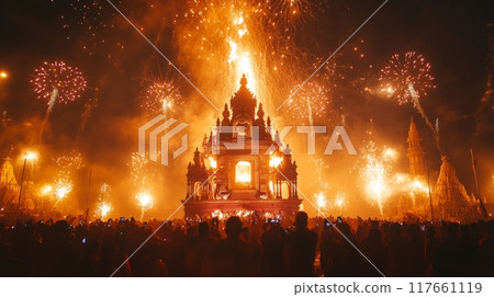 Night scene of Ravana effigy burning during Dussehra festival. A crowd of people watching fireworks 117661119