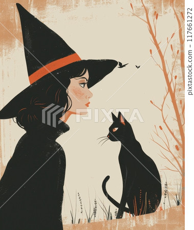 Cute illustration of witch with tall, pointed hat stands beside her black cat. Vintage-style art captures charming Halloween vibe. 117661272