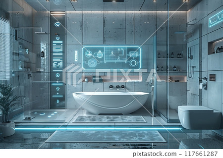 High-resolution futuristic minimalist bathroom with advanced technology and smart features High-resolution futuristic minimalist bathroom with advanced technology and smart features 117661287