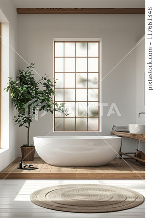 Modern minimalist bathroom with white bathtub and indoor plant 117661348