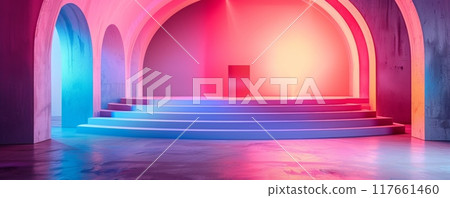 Minimalist architectural interior with colorful lighting and arched design elements 117661460
