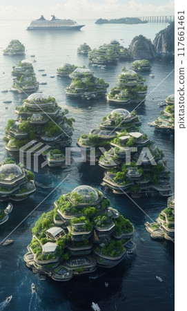 Futuristic floating cities, layered with greenery and glass domes, rise from ocean, blending technology and nature. 117661461